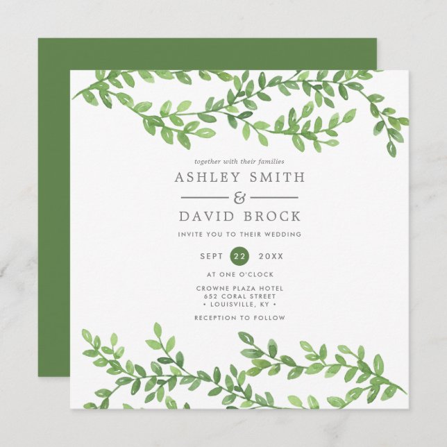 Convites Watercolor Greenery Vines Casamento Moderno (Frente/Verso)