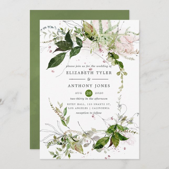Convites Watercolor Greenery Wedding (Frente/Verso)