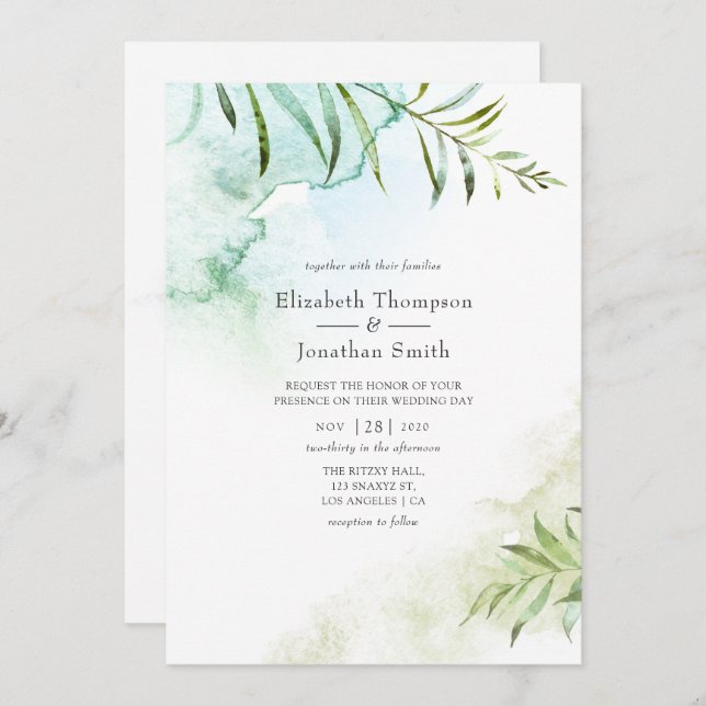 Convites Watercolor Greenery Wedding (Frente/Verso)
