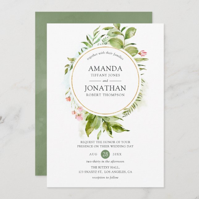 Convites Watercolor Greenery Wedding (Frente/Verso)