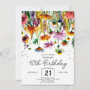 Convites Watercolor Greenery Wildflower aniversário de 40 a