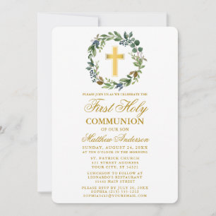 Convites Watercolor Greenery Wreath First Communation Doura