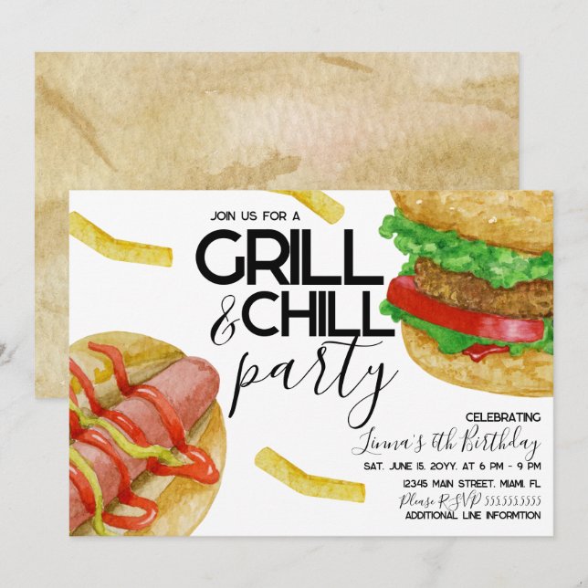 Convites Watercolor Griger Burger Fries Hot Dog Party (Frente/Verso)