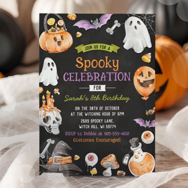 Convites Watercolor Halloween Spooky Um Aniversário (Criador carregado)