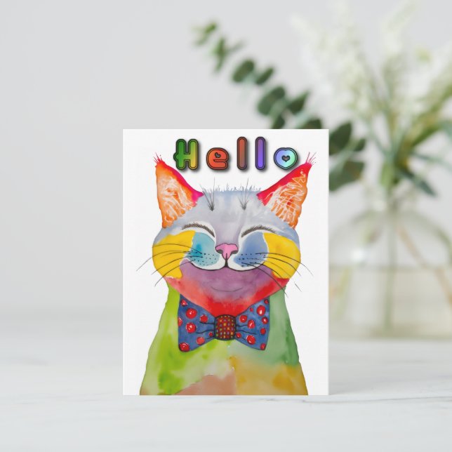 Convites Watercolor Happy Cat Greeting Card (Em pé/Frente)
