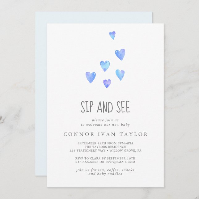 Convites Watercolor Hearts Baby Boy Sip and See Invitation (Frente/Verso)