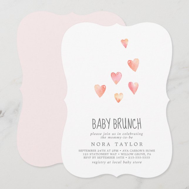 Convites Watercolor Hearts Girl Baby Brunch Invitation (Frente/Verso)
