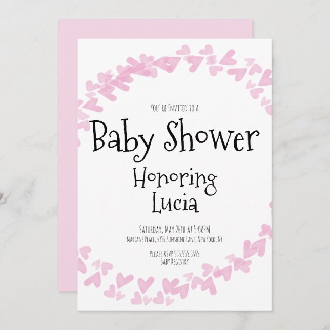 Convites Watercolor Hearts Stamp Wreath Chá de fraldas (Frente/Verso)