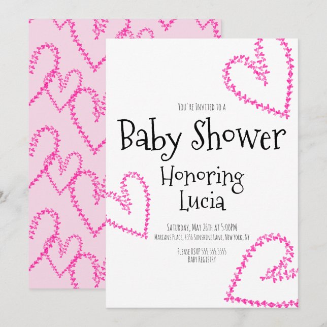 Convites Watercolor Hearts Stamp Wreath Love Chá de fraldas (Frente/Verso)