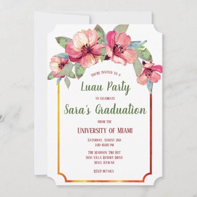 Convites Watercolor Hibiscus Luau Festa de formatura Invite (Frente)