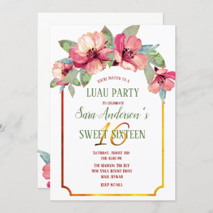 Convites Watercolor Hibiscus Luau Partido Sweet 16 B'day