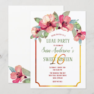 Convites Watercolor Hibiscus Partido Luau Sweet 16 B'day