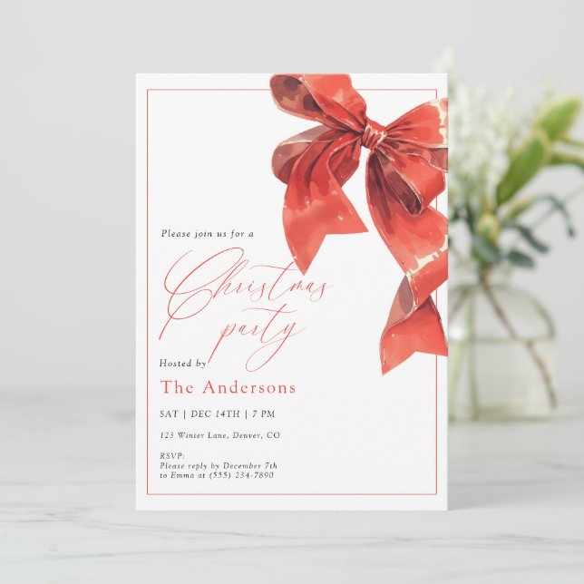 Convites Watercolor Holiday Red Bow Christmas Party (Em pé/Frente)