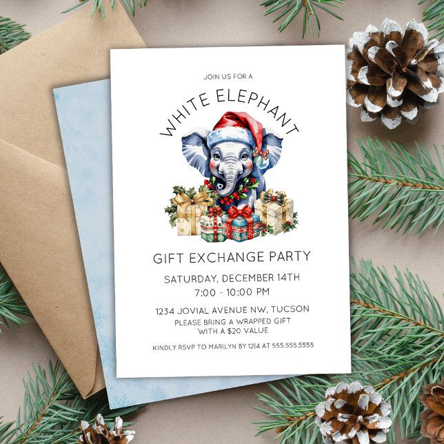 Convites Watercolor Holiday White Elephant Gift Exchange (cute watercolor white elephant gift exchange party invitation for holiday christmas office parties)