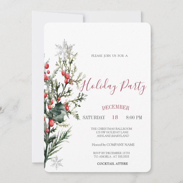 Convites Watercolor Holly Berry Greenery Natal (Frente)