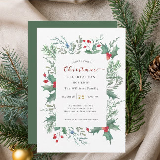 Convites Watercolor Holly Christmas Celebration Invitation