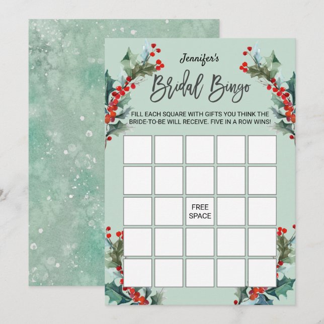Convites Watercolor Holly e Berries Bridal Bingo (Frente/Verso)