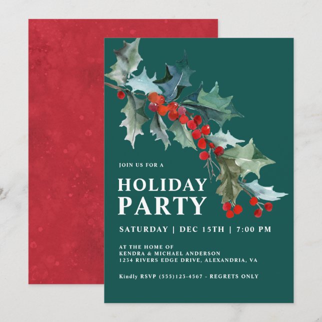 Convites Watercolor Holly e Berries Teal Holiday Party (Frente/Verso)