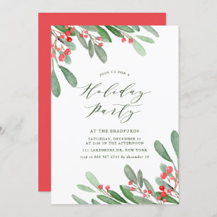 Convites Watercolor Holly e Greenery Holiday Party