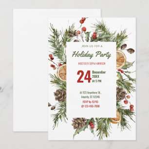 Convites Watercolor Holly e Pine Holiday Party