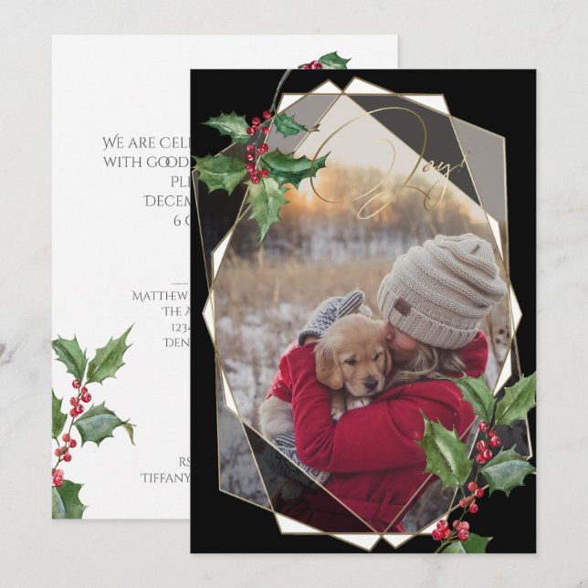 Convites Watercolor Holly e Red Berries Black (Frente/Verso)