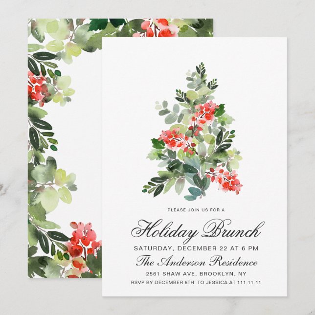 Convites Watercolor Holly Tree Natal Holiday Brunch (Frente/Verso)