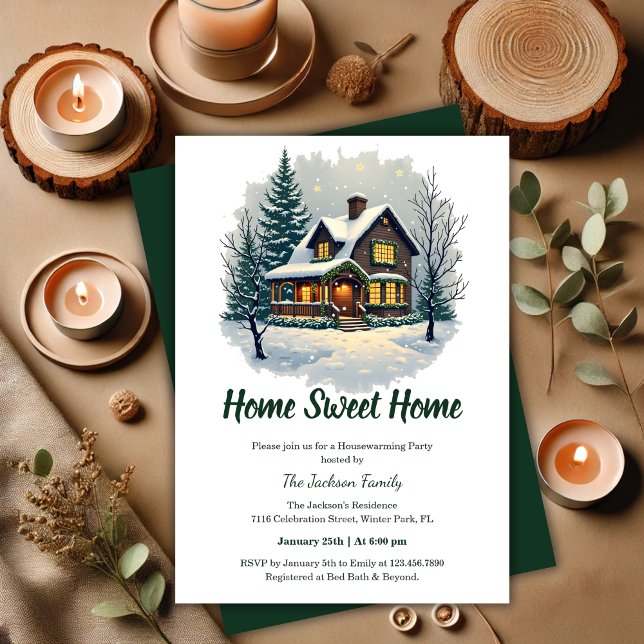 Convites Watercolor Home Sweet Winter Housearming Party (Watercolor Sweet Home Winter Housewarming Party Invitation)