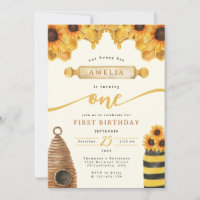Watercolor Honey Bee Sunflower Primeiro Aniversári