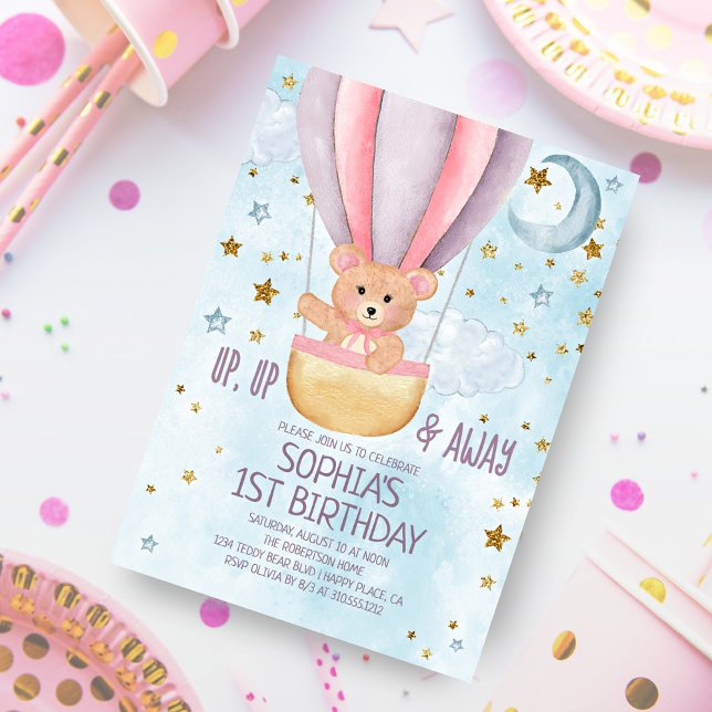 Convites Watercolor Hot Air Balloon Bear Girl Aniversário (Criador carregado)