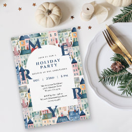 Convites Watercolor Houses Blue Merry Christmas Party