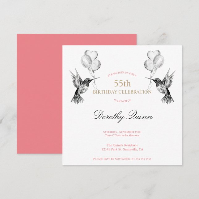 Convites Watercolor Hummingbird e Balões Aniversário (Frente/Verso)