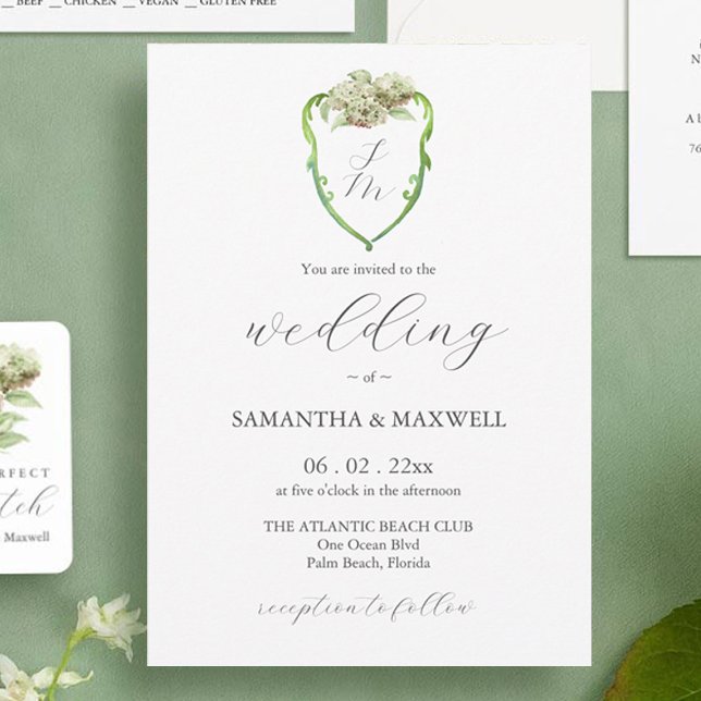 Convites Watercolor Hydrangea Crest Wedding Invitations (Green hydrangea watercolor crest wedding invitation by Victoria Grigaliunas of Do Tell A Belle)