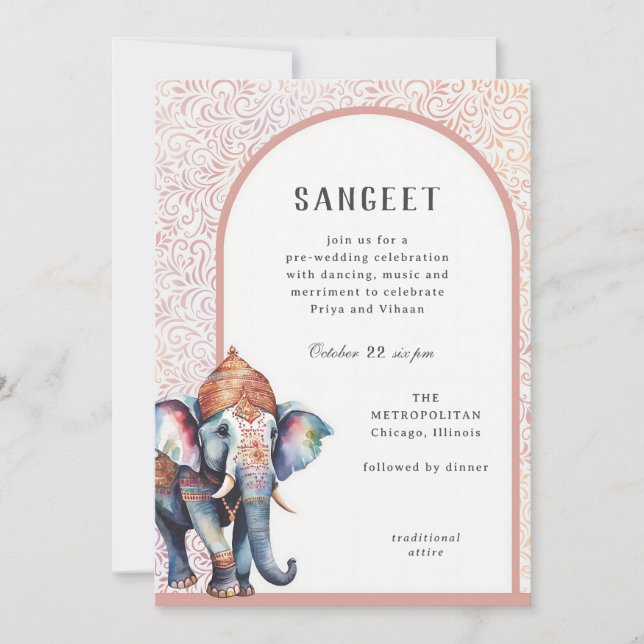Convites Watercolor Indian Wedphant Elephant Sangeet (Frente)