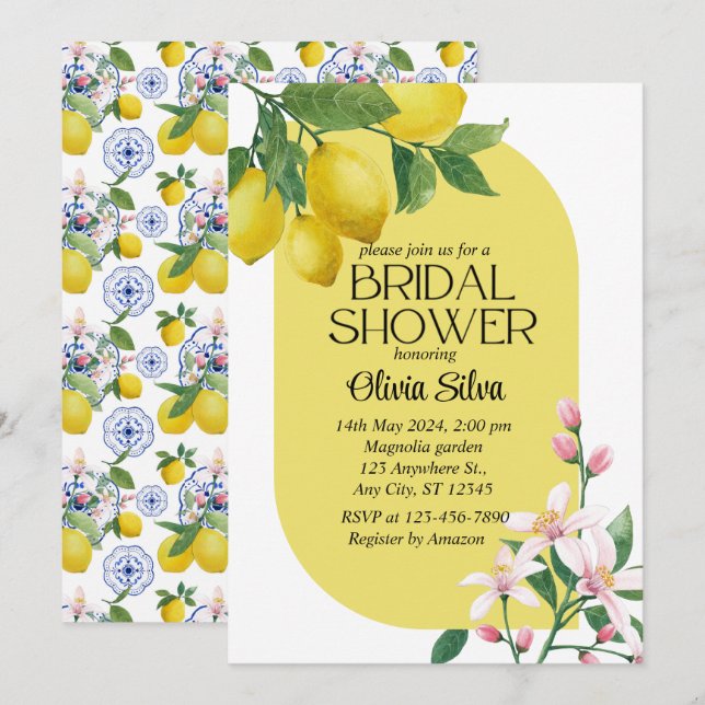 Convites Watercolor Italiana Lemon Azulejo Bridalshower (Frente/Verso)