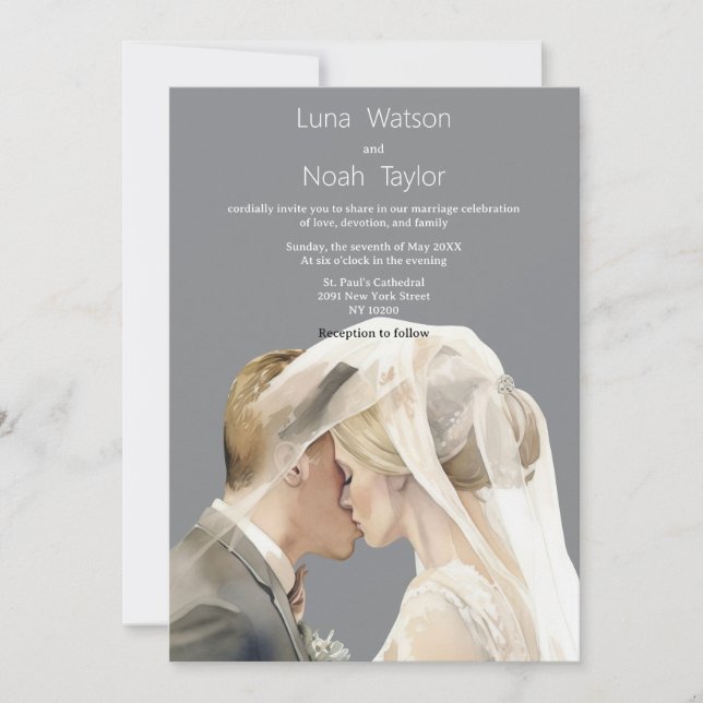 Convites Watercolor ivory grey couple photo Wedding  (Frente)