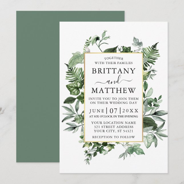 Convites Watercolor Ivy Ferns Sage Casamento Dourado Verde (Frente/Verso)