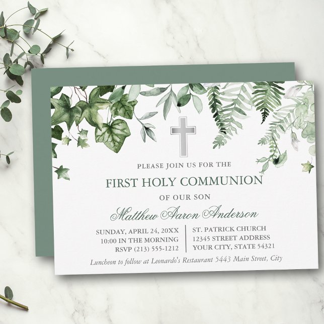 Convites Watercolor Ivy Ferns Sage Green Communion (Customize to change text color, text style or color of back of card.)