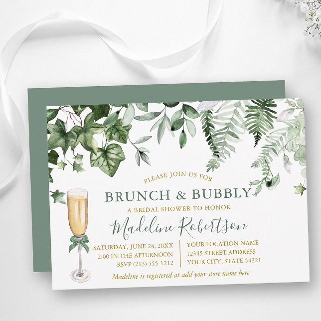 Convites Watercolor Ivy Ferns Sage Green Dourado Bridal Bru (Customize to change text size, style or color of back of card.)