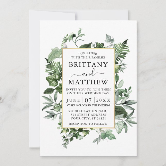 Convites Watercolor Ivy Ferns Sage Greenery Casamento Doura (Frente)
