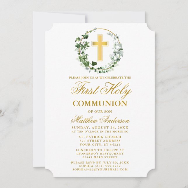 Convites Watercolor Ivy Wreath First Communes Dourado (Frente)