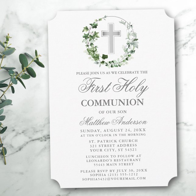 Convites Watercolor Ivy Wreath First Community Silver (Customize to change text size, color or text style.)