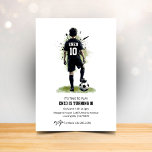 Convites Watercolor Jersey Boy Back View Soccer Birthday<br><div class="desc">Kick off an unforgettable celebration with this personalized soccer birthday invitation featuring a stylish watercolor soccer player jersey illustration (back view) and a modern, clean layout. Perfect for a kids soccer party or team-themed birthday, this invite is easy to customize with the birthday child’s name, age/number, party date & time,...</div>