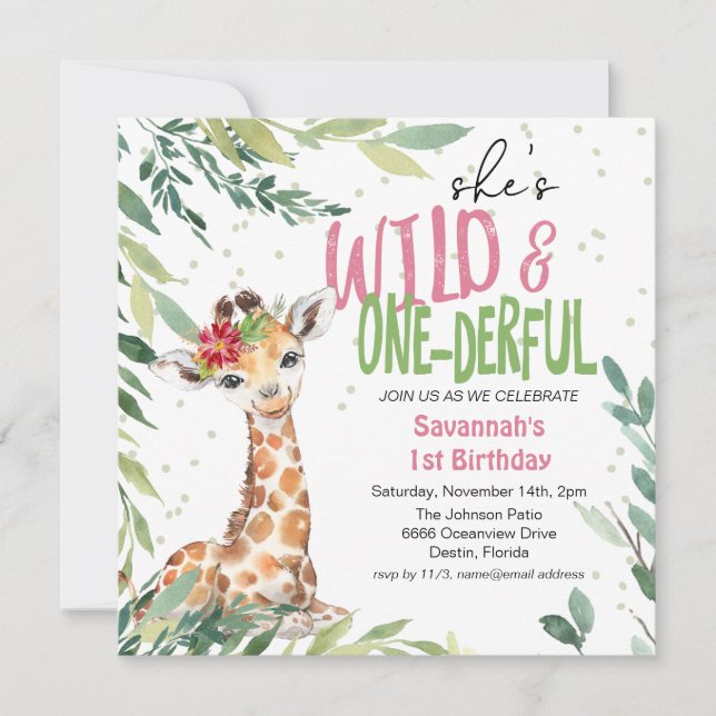 Convites Watercolor Jungle Safari Wild One primeiro anivers (Frente)