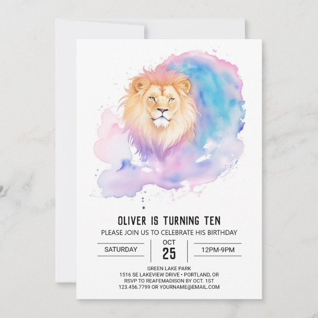 Convites Watercolor Kids Lion Birthday (Frente)