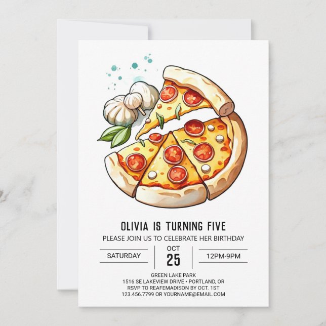 Convites Watercolor Kids Pizza Birthday (Frente)