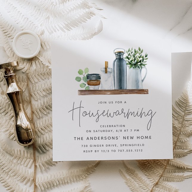 Convites Watercolor Kitchen Shelf Housearming Party (Criador carregado)