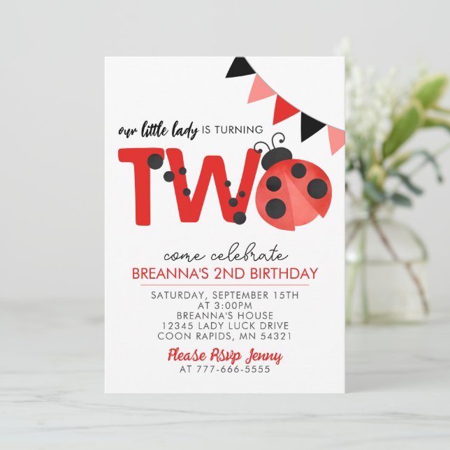 Convites Watercolor Ladybug 2nd Birthday invitation (Em pé/Frente)