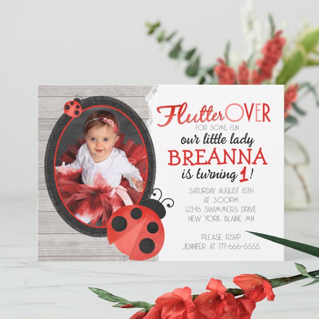 Convites Watercolor Ladybug Foto Birthday (Sweet Watercolor Ladybug Birthday Photo Invitation. Available printed or digital download)