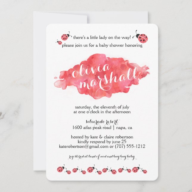 Convites Watercolor Ladybug Girl Baby Shower Invants (Frente)