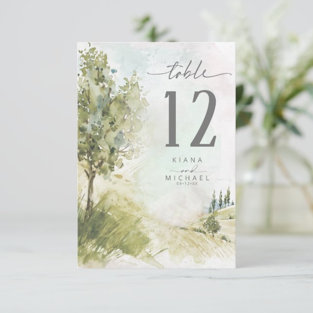Convites Watercolor Landscape Table Number Sage Green ID786 (Em pé/Frente)
